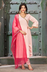 Pink Peach Art Silk Angrakha Neck Kurta Set with Trousers and Dupatta-CL-KPD-137